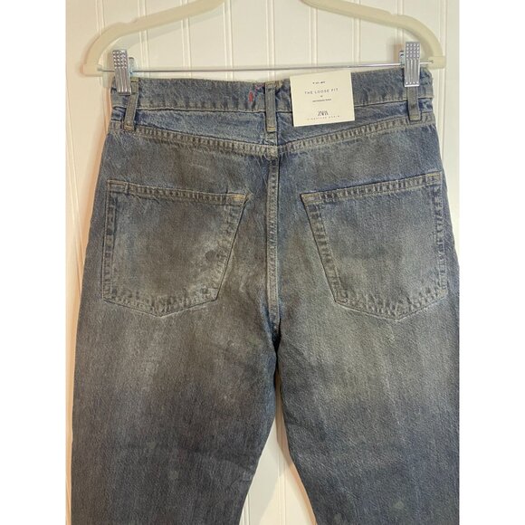 Zara Womens Loose Fit Straight Leg Low Rise Denim Jeans Size 34 Blue Distressed - Picture 5 of 16